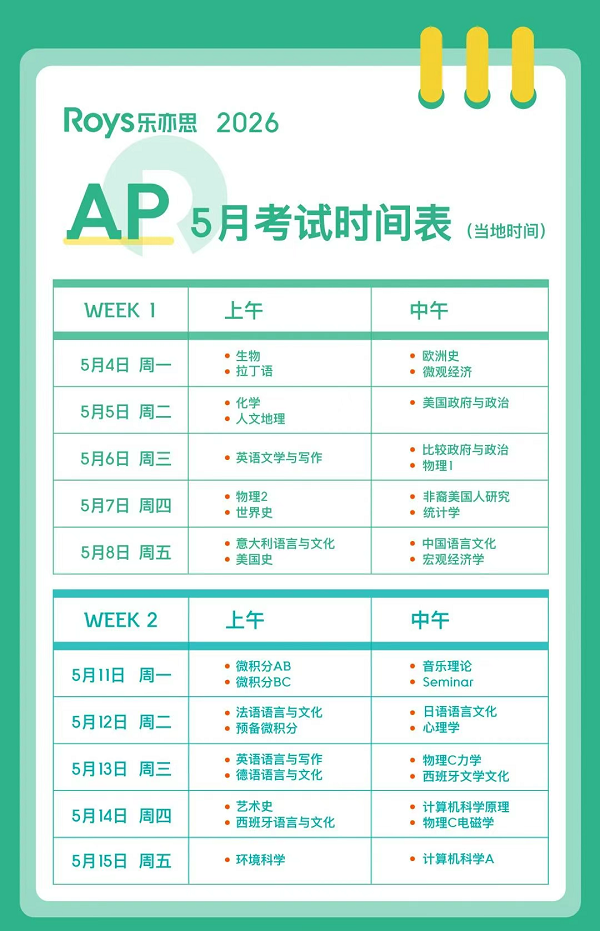 2026年AP考試時間表